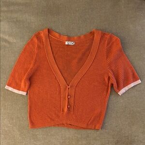 Free People Ribbed V-Neck Cropped Top in Burnt Orange with Pink Trim